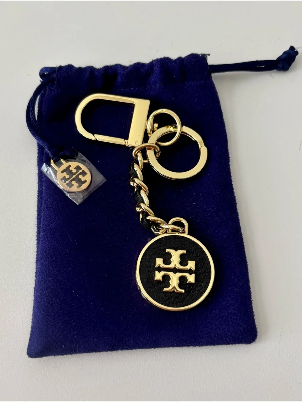 Tory Burch Black and Gold Round Logo Key Chain/ Key Fob / Bag Charm